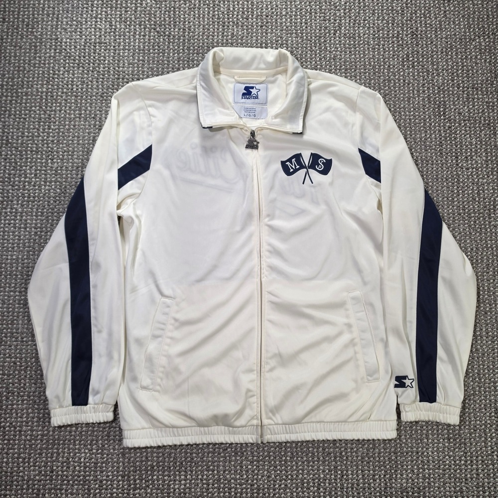 Starter Track Jacket Mens Large Twin Cities Full Zip White Navy Blue Striped